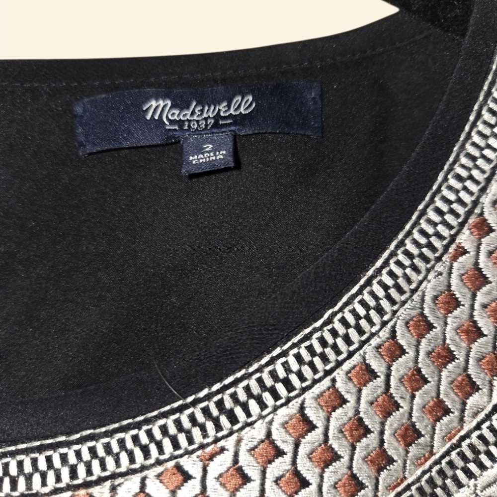 Madewell Black Silk Short Sleeve Floral Cinched Waist Layered Mini Dress - Picture 5 of 6